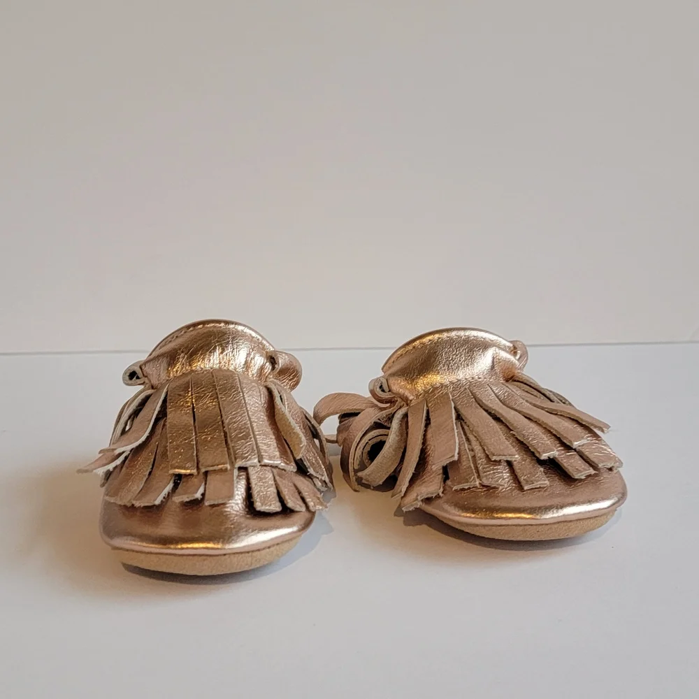 Rose Gold leather fringe baby Moccasin shoe baby bootie leather handmade